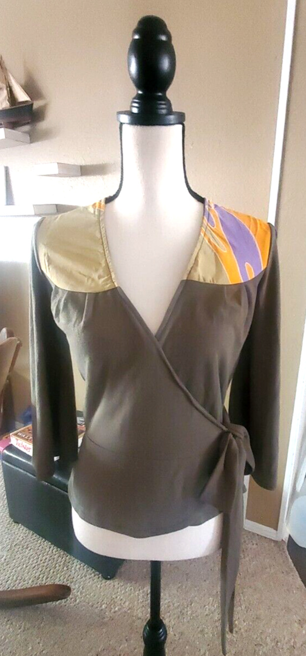 Zachary's Smile Olive Green 3/4 Sleeve Knit Peplum Wrap Top Sz XS